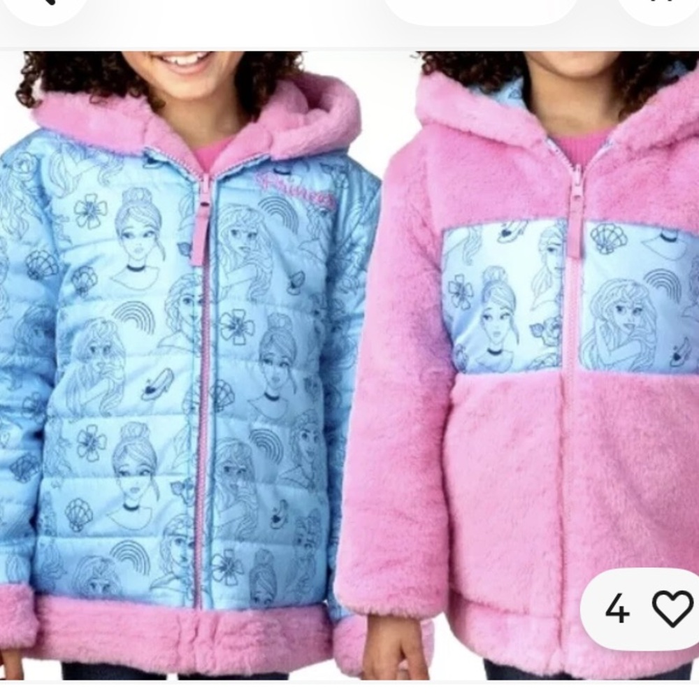 Reversible Disney Princess characters blue pink plush snow jacket with pockets S